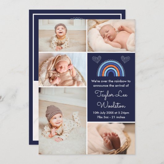 Boho Rainbow Boy Faire-part de naissance bleu mari (Devant / Derrière)