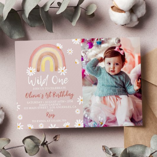 Boho Rainbow Daisy 1er Anniversaire Invitation