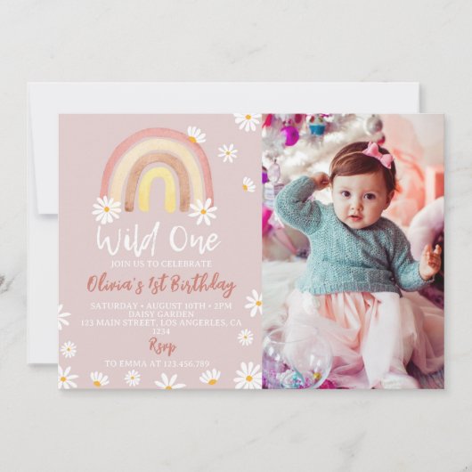 Boho Rainbow Daisy 1er Anniversaire Invitation (Devant)