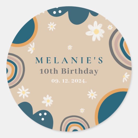 Boho Rainbow Daisy Beige Verjaardag Ronde Sticker (Voorkant)