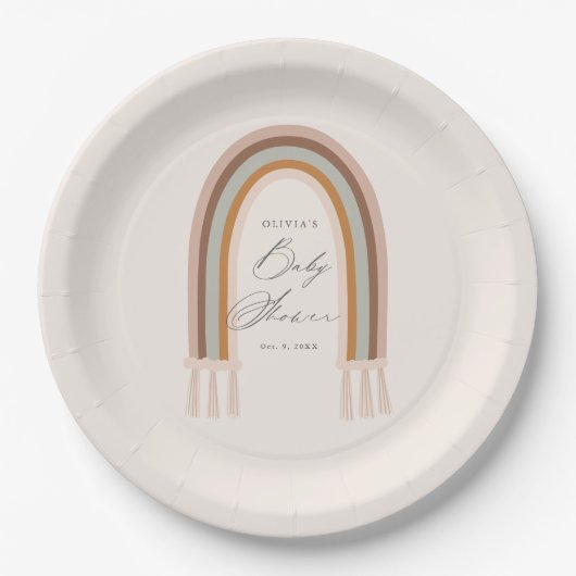 Boho Rainbow Earth Tone Baby shower Papieren Bordje (Voorkant)