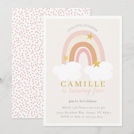 Boho Rainbow First Birthday Invitation Girl, gedem Kaart (Voorkant / Achterkant)