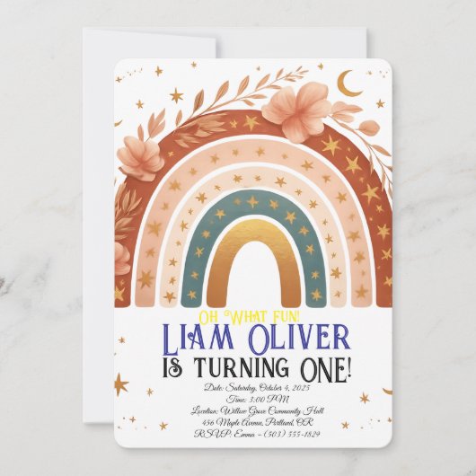Boho Rainbow First Birthday Invitation Kaart (Voorkant)