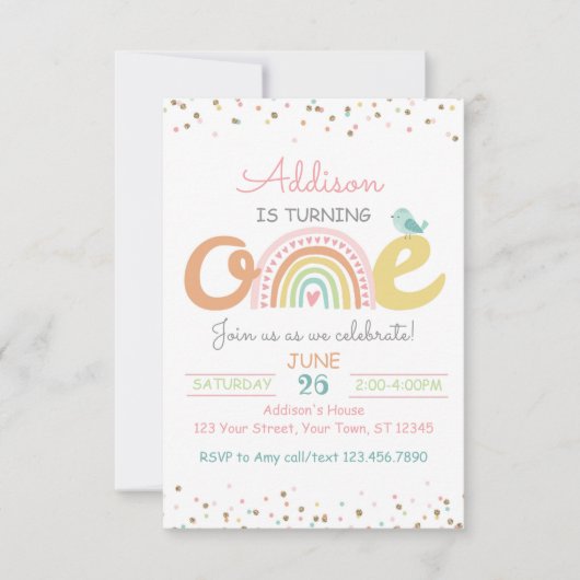 Boho Rainbow First Birthday Party Invitation ONE Kaart (Voorkant)