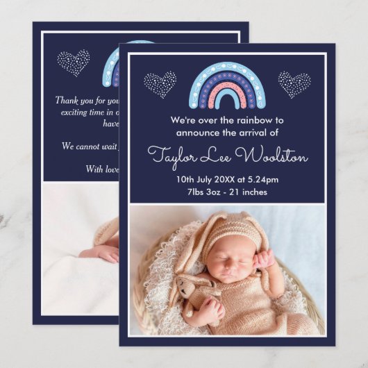 Boho Rainbow Girl Navy Blue Birth Announement Aankondiging (Voorkant / Achterkant)