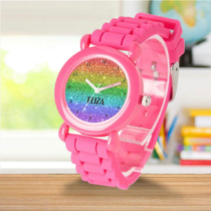 Boho Rainbow Glitter Cute Girls Roze Kinderen Horloge