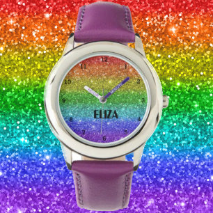 Boho Rainbow Glitter Cute Girls Roze Kinderen Horloge