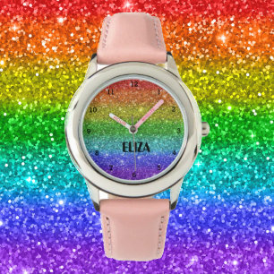 Boho Rainbow Glitter Cute Girls Roze Kinderen Horloge