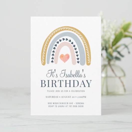 Boho Rainbow Gold Invitation de fête d'anniversair (Debout devant)