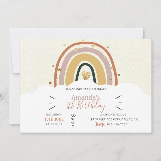 Boho Rainbow Golden Invitation d'anniversaire (Devant)