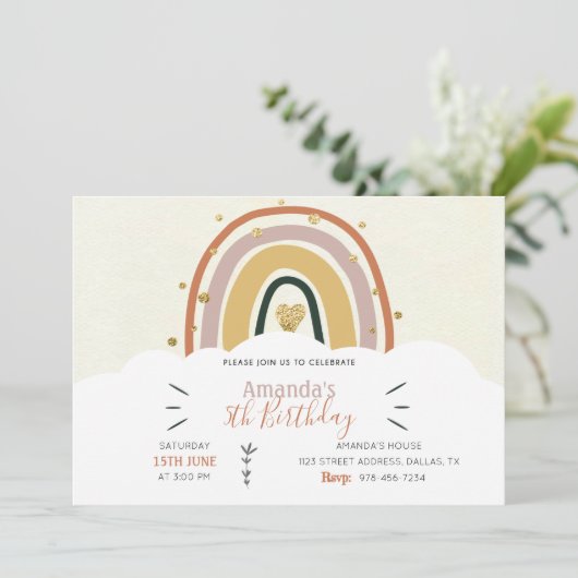 Boho Rainbow Golden Invitation d'anniversaire (Debout devant)