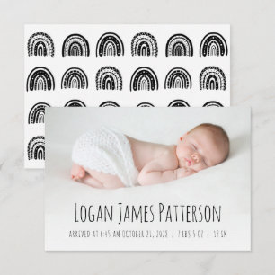 Boho Rainbow Hand Drawn Black White Birth Aankondiging