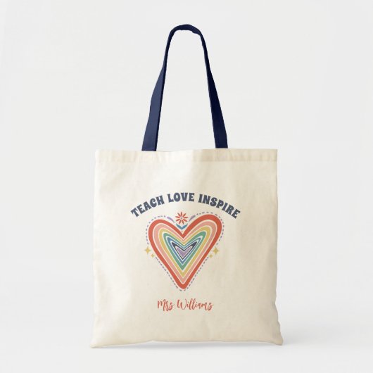 Boho Rainbow Heart Gepersonaliseerde lerarennaam Tote Bag (Voorkant)