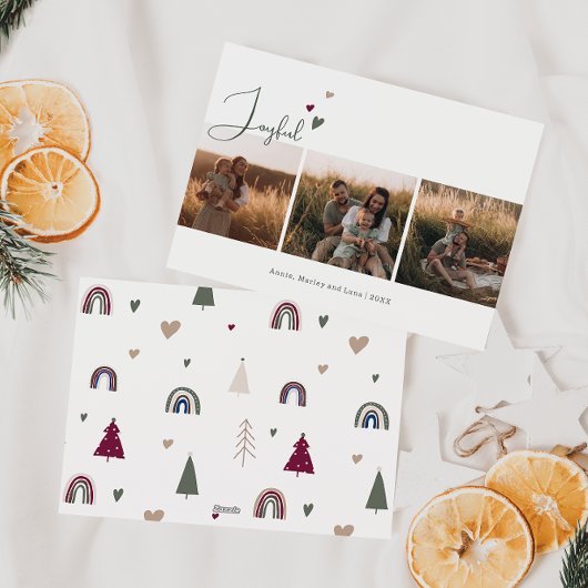 Boho Rainbow & Heart Joyful Drie Foto Kerstmis Feestdagenkaart