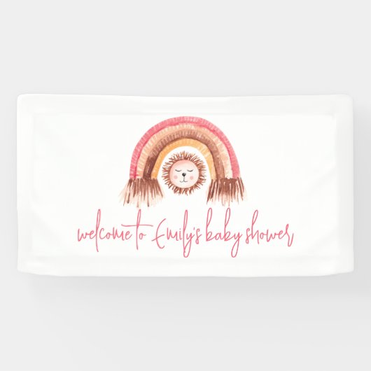 Boho Rainbow Lion Pink Welkom in Baby shower Spandoek (Horizontaal)
