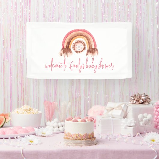 Boho Rainbow Lion Pink Welkom in Baby shower Spandoek (Feest)