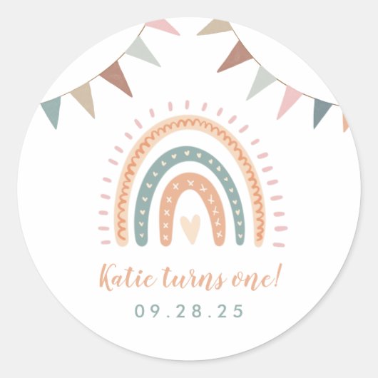 Boho Rainbow Pastel Fiesta First Birthday Ronde Sticker (Voorkant)