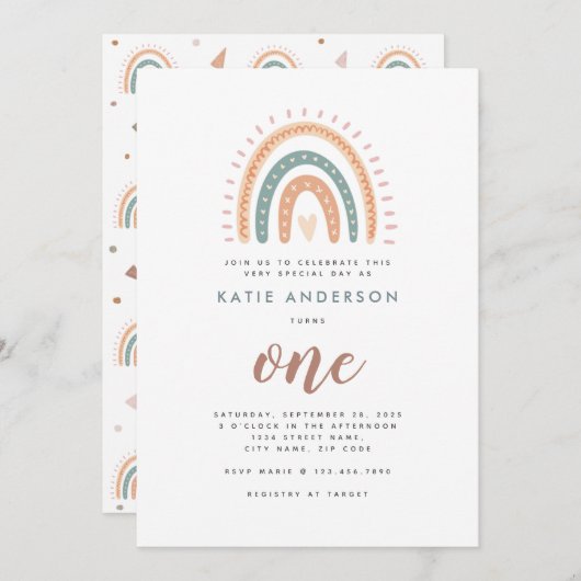 Boho Rainbow Pastel First Birthday Uitnodiging (Voorkant / Achterkant)