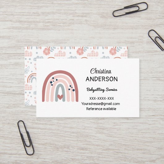 Boho Rainbow Pastel Heart Babysitting Visitekaartje (Voorkant / Achterkant in situ)