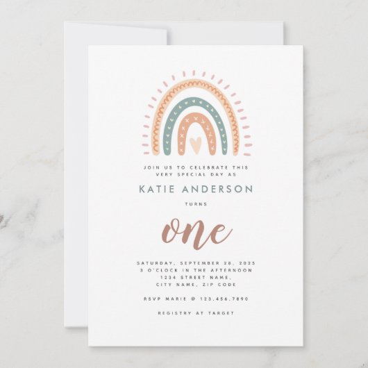 Boho Rainbow Pastel Première Invitation d'annivers (Devant)