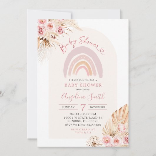 Boho Rainbow Pink Floral Baby shower Kaart (Voorkant)
