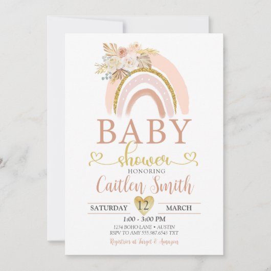 Boho Rainbow Pink Gold Baby shower Invitation (Devant)