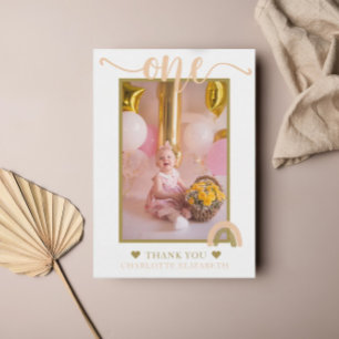 Boho Rainbow Pink Gold First Birthday Foto Bedankkaart