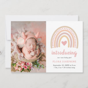 Boho Rainbow Pink Heart Foto Baby Girl Cute Birth Aankondiging