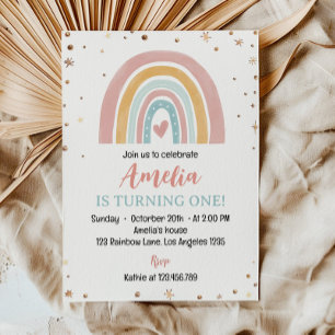 Boho Rainbow rose 1er anniversaire Invitation