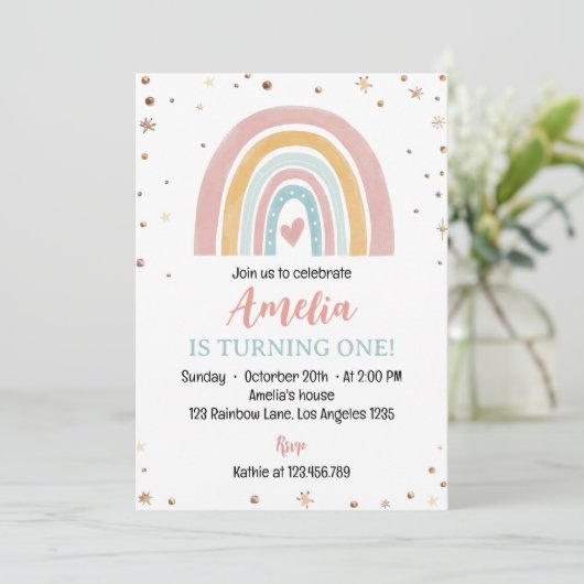 Boho Rainbow rose 1er anniversaire Invitation (Debout devant)