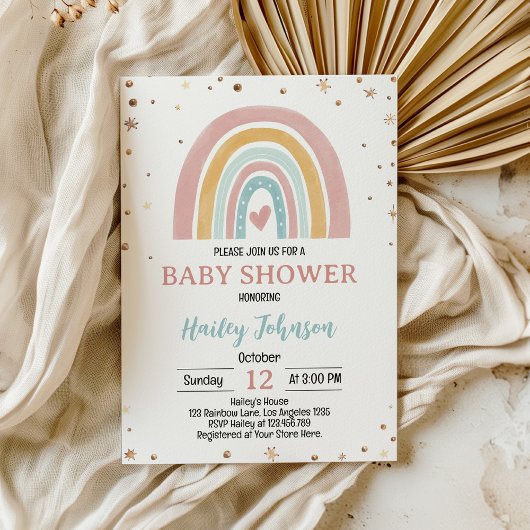 Boho Rainbow Rose Girl Baby shower Invitation