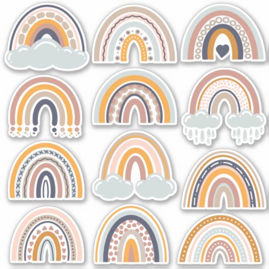 Boho Rainbow Rustic Scrapbook 12 Jolies Stickers (Devant)