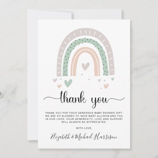 Boho Rainbow Sage Green Baby shower Bedankkaart (Voorkant)