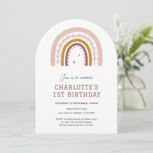 Boho Rainbow simple invitation 1er anniversaire (Debout devant)