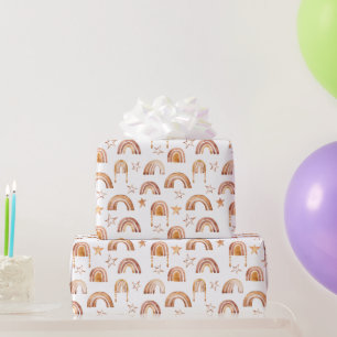 Boho Rainbow Stars Terracotta Brown Baby shower Cadeaupapier