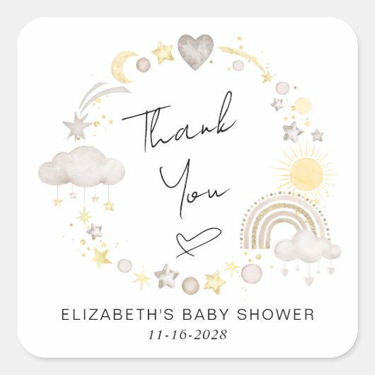 Boho Rainbow Sun Baby shower Dank u Vierkante Sticker (Voorkant)