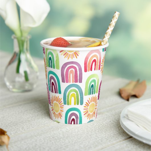 Boho Rainbow & Suns 1e Birthday Waterverf Papieren Bekers (Insitu)