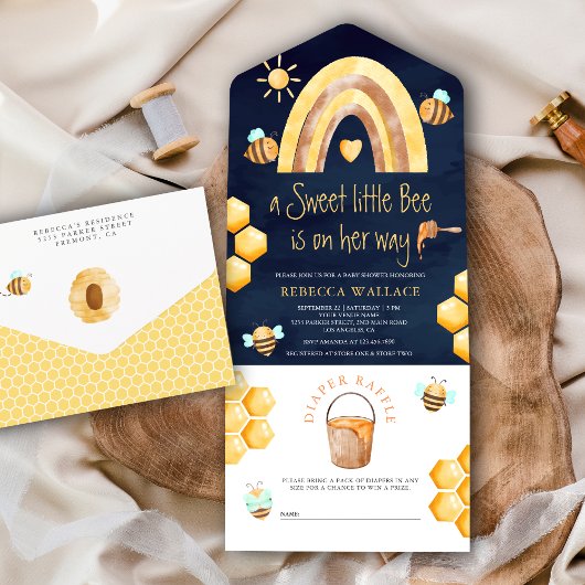 Boho Rainbow Sweet Little Bee Navy Baby shower All In One Uitnodiging