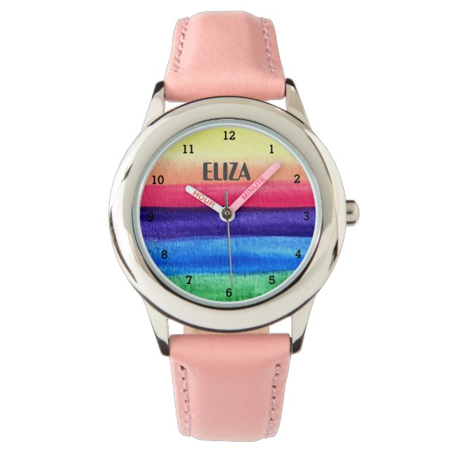 Boho Rainbow Waterverf Leuke Meisjes Roze Kinder n Horloge (Voorkant)
