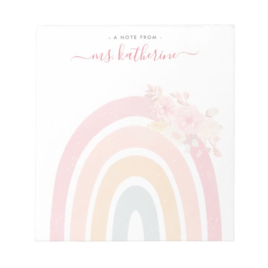 Boho Rainbow Waterverf Roze Floral Teacher's Notitieblok (Voorkant)