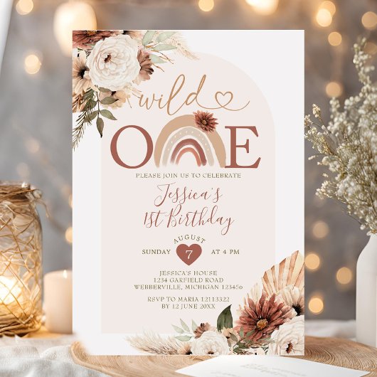 Boho Rainbow Wild One Birthday Pampas Grass Kaart