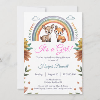 Boho Rainbow Woodland Animals Girl Baby Shower Kaart