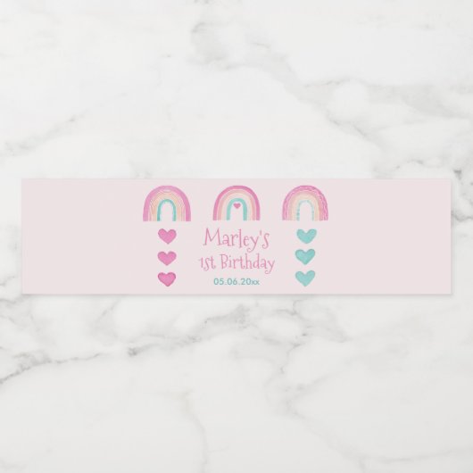 Boho Rainbows Hearts 1e verjaardagsfeestje Waterfles Etiket (Enkel label)