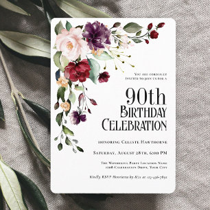 Boho Red Blush en Paarse Bloemen 90ste Verjaardag Kaart