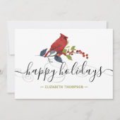 Boho Red Cardinal Holly Berries Name Happy Feestdagenkaart (Voorkant)