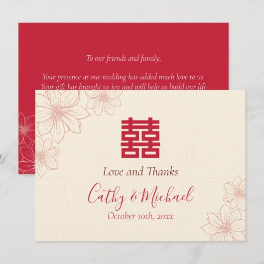 Boho red en beige floral Chinese bruiloft Bedankkaart (Voorkant / Achterkant)