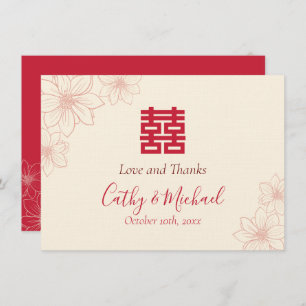 Boho red en beige floral Chinese bruiloft Bedankkaart