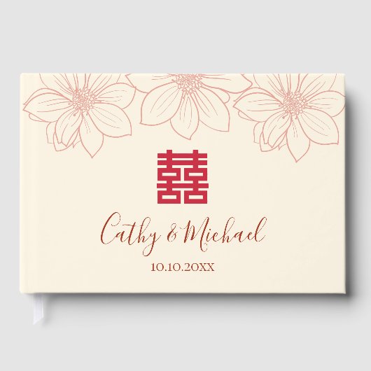 Boho red en beige floral Chinese bruiloft Gastenboek (Voorkant)