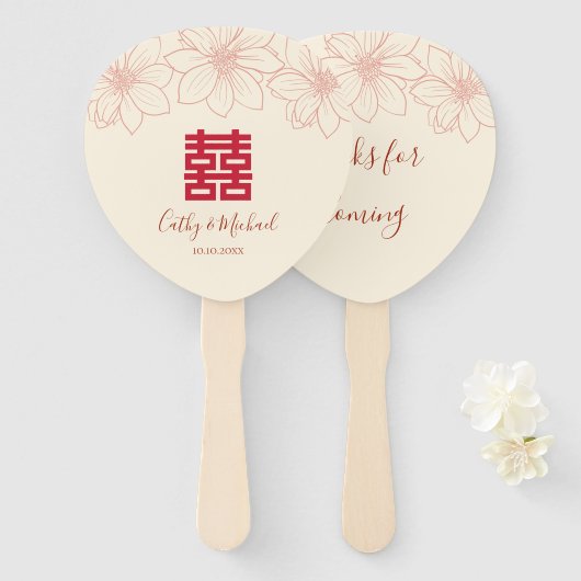 Boho red en beige floral Chinese bruiloft Handwaaier (Voorkant en achterkant)