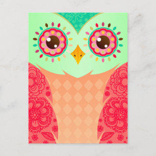 Boho Red en Green Owl Briefkaart